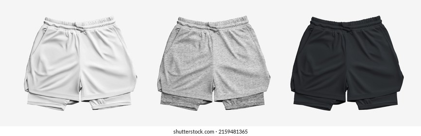 Mockup of men's sports shorts with compression fittings. White, black and heather sportswear. Top View. Set - Shutterstock ID 2159481365