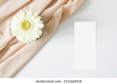 Mockup Menu Card With Gerbera Leaves And Nude Fabric