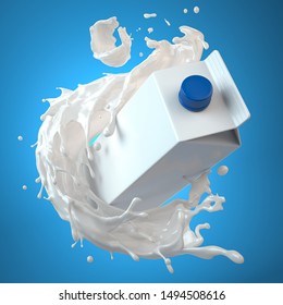 Mockup Of Milk Tetra Pack. Carton Box  Or Packaging And Splash Of Milk On Blue Background. 3d Illustration