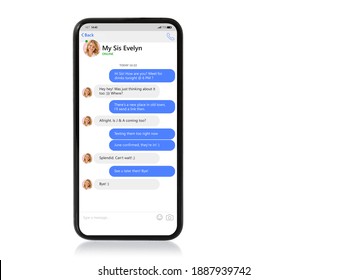 Mockup of mobile phone with sample chat app and text bubbles on screen - Shutterstock ID 1887939742