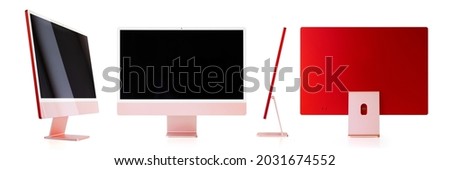 Mockup of modern desktop computer, side, front and back views