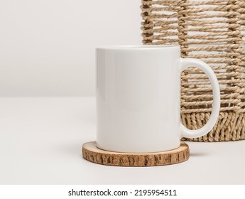 Mockup Mug With Home Decor At The Background. Mug For Logo, Text Or Design, Minimal Aesthetic Style