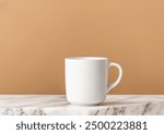 Mockup mug on top of marble table beige background, product showcase, product presentation