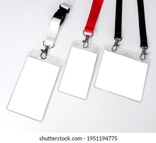 Mockup of name tags, vip pass id, badge different size, and lanyards neck strap with lobster clip. On white background