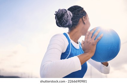 Mockup, netball and black woman training, fitness and exercise for wellness, healthy lifestyle and performance. Sky, African American female player and lady with ball, game and match with competition - Powered by Shutterstock