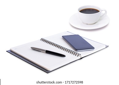 Mockup notebook, pen, black mobile smart phone and cup of coffee isolated on white background. Business and technology in concept