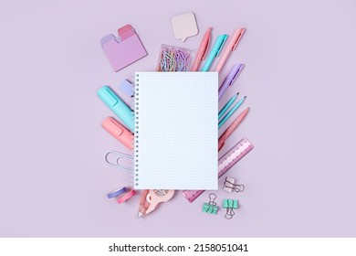 Mockup notebooks and School stationery supplies pink background  Concept back to school  Blank notebook and copy space 