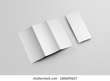 Mockup Open And Closed Blank Booklet, Leaflet On The Diagonal, For Presentation Of Design, Back View. Template Of Standard White Trifold, Paper Brochure With Roll Fold, Isolated On Gray Background.Set