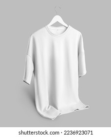 Mockup of an oversized white t-shirt with a round neckline hanging on a hanger with the bottom turned up, isolated on background, front view. Blank clothes template with place for design, pattern