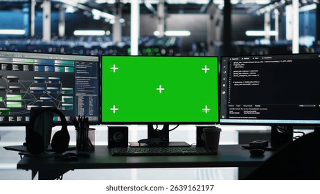 Mockup PCs in data center control hardware energy usage using node tree tech interfaces. Isolated screen workstations automate and supervise operations in server farm using visual programming