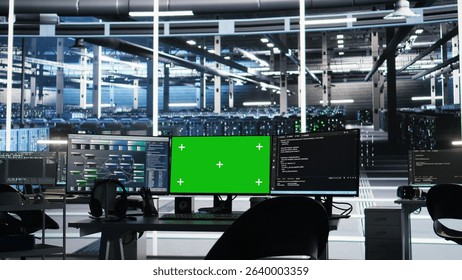 Mockup PCs in data center control hardware energy usage using node tree tech interfaces. Isolated screen workstations automate and supervise operations in server farm using visual programming