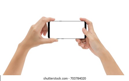 Mock-up Phone In Hand Holding Isolated On White Background Clipping Path Inside