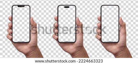 Mockup phone hand set - clipping path , black smartphone blank screen and modern frameless design, hold Mobile phone on transparent background Ideal for marketing 
