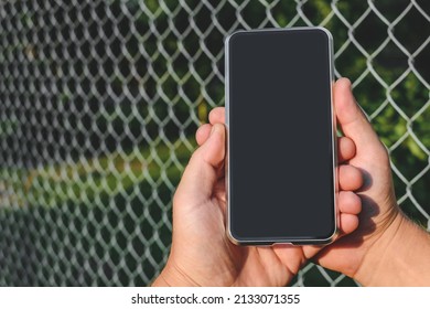 Mockup Phone In The Hands Of A Man. Against The Background Of A Steel Wire Fence And Nature