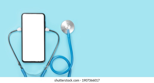 Mockup Of The Phone With The Stethoscope Checks The Health. Online Medical Clinic Communication With The Patient. Telemedicine Concept.. Doctor Online Consultation Concept