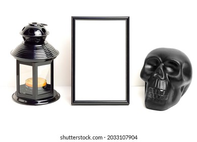 Mockup Photo Frame With Skull And Black Lantern With Candle. Empty Photo Frame Mockup For Showcasing Halloween Art And Photo Projects