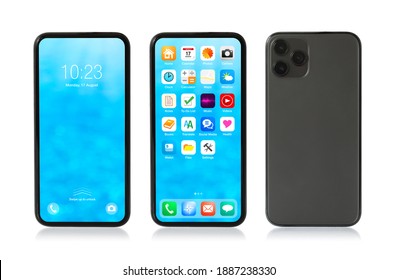 Mockup photo of isolated mobile phone showing locked and home screens, and back side view. - Shutterstock ID 1887238330
