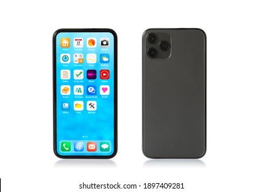 Mockup photo of isolated mobile phone showing home screen and back side.