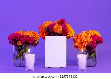 Mockup with picture frames in an offering for the Day of the Dead with Cempasuchil flowers and candles on a purple background. Dia de Muertos. High quality photo