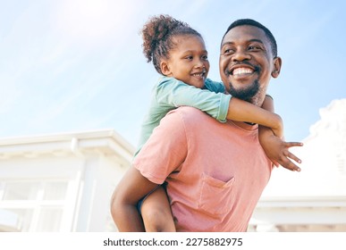 Mockup, piggy back and black father with girl, outside new house and playful family with love and happiness. African American dad carry daughter, happy child and kid with smile, fun and cheerful - Shutterstock ID 2275882975
