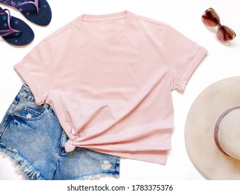 Mockup Of A Pink T-shirt Placed Between Some Beach Accessories Flat Lay