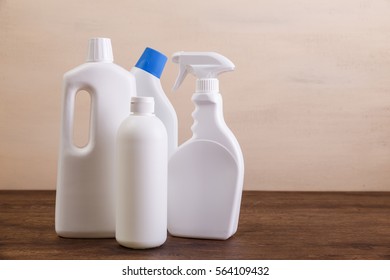 Mock-up Plastic Bottles. Cleaning Products, Washing Wc Cleaner. Mockup Design For Branding. Front View. Wooden Rustic Board.