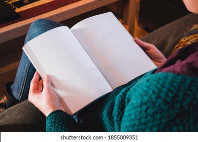 Mockup Reading Book Empty Pages Woman Hands