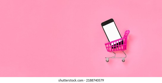 Mockup Screen Phone Online Cart Ecommerce Phone Mockup Mobile Shopping Cart Trolley Supermarket Cart Pink Background. Digital Shopping Mobile Online Shopping Trolley Isolated Screen Smartphone Mockup