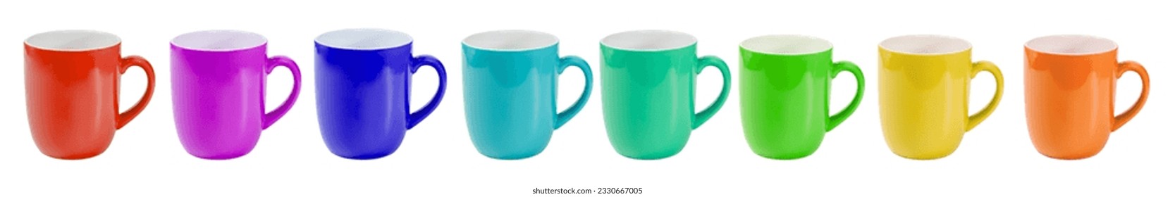 Mockup set of clean colorful coffee mugs with handle isolated on white background. close up front view of coffee mug, blank space no logo in color of rainbow isolated on white background. - Powered by Shutterstock