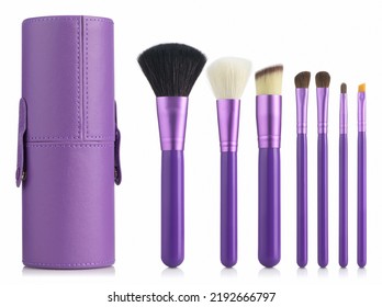 
Mockup Set Of Cosmetics Brushes With Storage Tube Isolated On White Background.