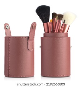 
Mockup Set Of Cosmetics Brushes With Storage Tube Isolated On White Background.