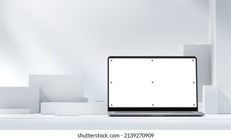 Mockup Shot Of Laptop Computer With Blank White Screen In Bright, Cozy, Sunlit Abstract Environment.