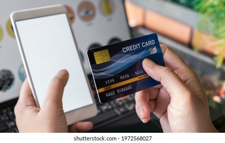 Mockup Smart Phone Image. White Screen. Women Holding Credit Card And Using Mobile Phone. Online Shopping Concept.