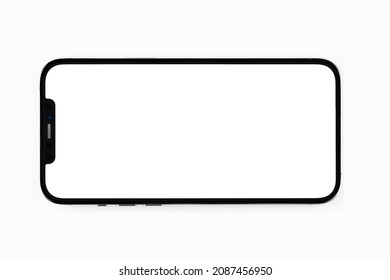 mockup smartphone iPhone horizontal with white screen, empty display on white background. Apple is a multinational technology company. Moscow, Russia - November 14, 2021