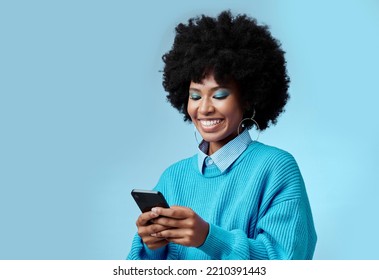 Mockup, smile and black woman with phone typing a online communication message to a contact using social media app. Retro, vintage and happy girl with afro hair doing a internet, web or online search - Shutterstock ID 2210391443