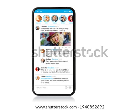 Mockup of social media microblogging app on mobile phone, isolated on white background