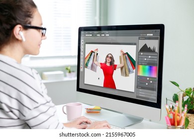 Mock-up Software Design. Professional Female Photographer Works In Photo Editing App. Graphic Designer Retouching Photos Of Beautiful Woman. 