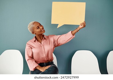 Mockup, speech bubble and smile with business black woman in waiting room for human resources interview. Advertising, blue background or marketing and employee with space on poster for information - Powered by Shutterstock