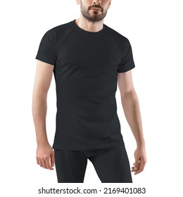 Mockup Of A Sporty Men's Black T-shirt And Pants Set. Sportswear Template Isolated On White Background.