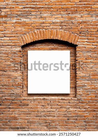 Mockup square empty frame or white template poster inside vintage window shape on old red brick wall background. The blank space billboards attached to a buildings exterior brick wall, vertical style.