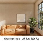 mockup of a square frame in a modern living room with window and leather sofa