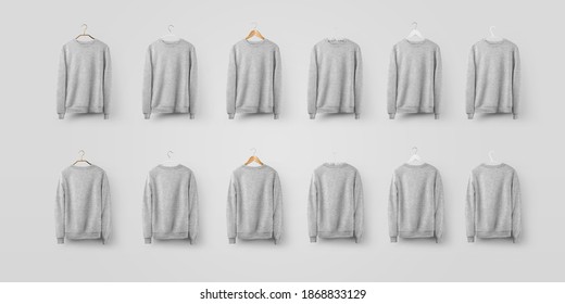 Mockup Sweatshirt Hanging On Different Hangers, Hoodie Heather Isolated On Background. Gray Pullover Template, For Design Presentation. Set Of Clothes, Front And Back Views