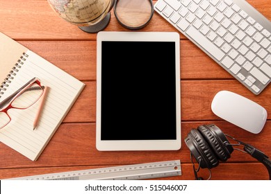 Mockup Tablet Similar To Ipad Style On Wood Desk. Black Display.keyboard And Office Stuff, Workplace, Top View