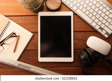 Mockup Tablet Similar To Ipad Style On Wood Desk. Black Display.keyboard And Office Stuff, Workplace, Top View