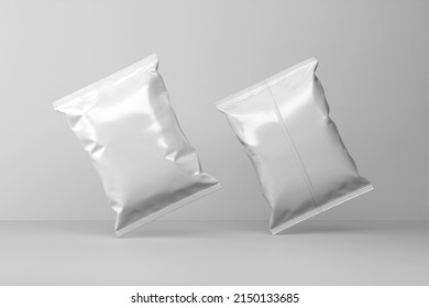 Mockup template for food snack, chips, cookies, peanuts, candy. Realistic illustration Isolated on white background, blank white plastic bag for packaging design.
