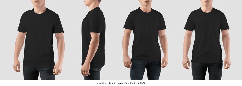 Mockup of trendy black t-shirt on guy wear, streetwear for brand, design, front, side view. Template of a men's casual shirt isolated on a background. Product photography set for commerce - Shutterstock ID 2312857183