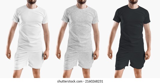 Mockup Of A T-shirt And Sports Shorts With Compression Undershorts. White, Black And Heather Gray Sportswear. Set