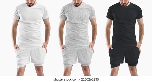 Mockup Of A T-shirt And Sports Shorts With Compression Undershorts. White, Black And Heather Gray Sportswear. Set