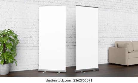 Mockup of Two Roll-up Standee Banner in Office Hall - Shutterstock ID 2362955091