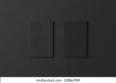 Mockup Of Two Vertical Business Cards At Black Textured Paper Background.